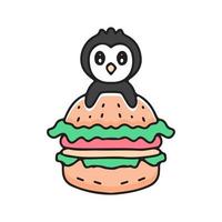 pingüino lindo de dibujos animados con hamburguesa. Ilustración para camiseta, pegatina. vector