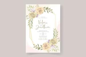 Plantilla de tarjeta de invitación de boda con decoración de rosas y hojas. vector