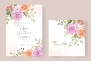 Wedding invitation card template with rose and leaf decoration vector