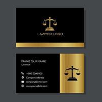 Tarjeta de visita de abogado negra y dorada con diseño de escalas de la justicia. vector