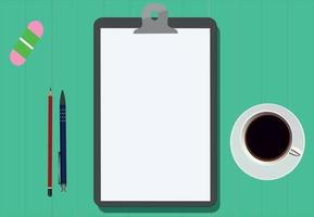 Ilustración de bloc de notas, café, lápices y goma de borrar sobre una mesa vector