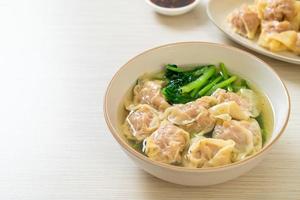 Pork wonton soup or pork dumplings soup with vegetable photo