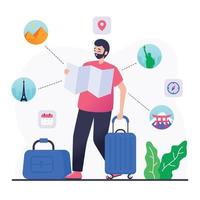 Traveler With Suitcase Looking At Map vector