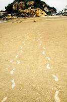 The footprint of people on the sand beach, way of footprint photo