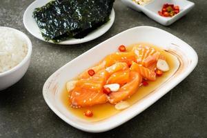 Fresh salmon raw marinated shoyu or salmon pickled soy sauce photo