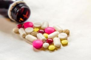 Close up of pills and drug, Pack of tablet drug and capsule pills. photo