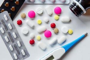 Close up of pills and drug, Pack of tablet drug and capsule pills. photo