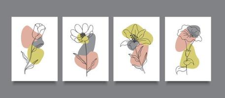 arte de línea de flores, juego de tarjetas de estilo plano mínimo vector