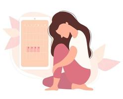 Mujer sentada cerca del calendario de menstruación y salud femenina en el teléfono vector