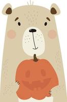 Cute teddy bear holding pumpkin Jack in Halloween holiday vector