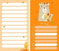 Autumn planner organizer with cute bear with autumn leaves vector