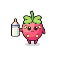 baby strawberry cartoon character with milk bottle vector