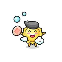 sun character is bathing while holding soap vector