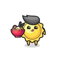 cute sun character eating noodles vector