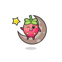 illustration of strawberry cartoon sitting on the half moon vector
