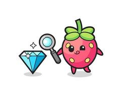 strawberry mascot is checking the authenticity of a diamond vector