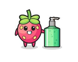 cute strawberry cartoon with hand sanitizer vector