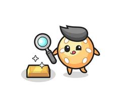 El personaje de la bola de sésamo está comprobando la autenticidad del lingote de oro. vector