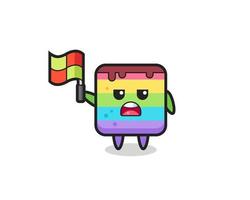 rainbow cake character as line judge putting the flag up vector