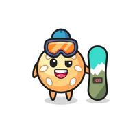 Illustration of sesame ball character with snowboarding style vector