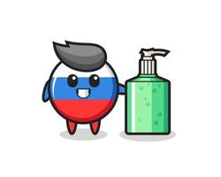 cute russia flag badge cartoon with hand sanitizer vector