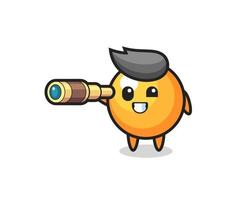 cute ping pong ball character is holding an old telescope vector