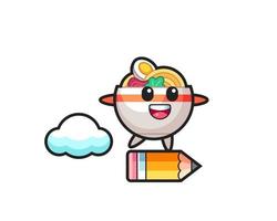 noodle bowl mascot illustration riding on a giant pencil vector