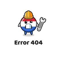 error 404 con la linda mascota de la insignia de la bandera de los países bajos vector