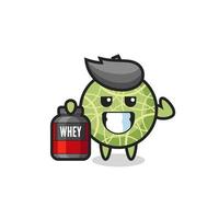 the muscular melon fruit character is holding a protein supplement vector