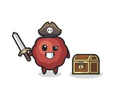 the meatball pirate character holding sword beside a treasure box vector
