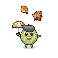 caricatura de la linda fruta de melón sosteniendo un paraguas en otoño vector
