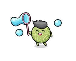 happy melon fruit cartoon playing soap bubble vector