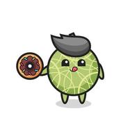 Ilustración de un personaje de fruta de melón comiendo una rosquilla vector