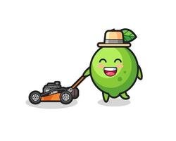 illustration of the lime character using lawn mower vector