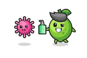 illustration of lime character chasing evil virus with hand sanitizer vector