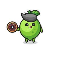 illustration of an lime character eating a doughnut vector