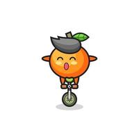 The cute mandarin orange character is riding a circus bike vector