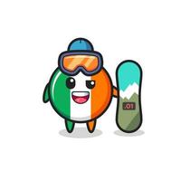 Ilustración del personaje de la insignia de la bandera de Irlanda con estilo de snowboard vector