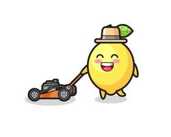 illustration of the lemon character using lawn mower vector