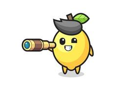 cute lemon character is holding an old telescope vector