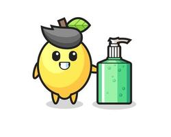 cute lemon cartoon with hand sanitizer vector