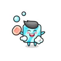 ice cube character is bathing while holding soap vector