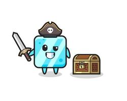 el personaje pirata del cubo de hielo sosteniendo la espada al lado de un cofre del tesoro vector