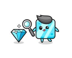 ice cube mascot is checking the authenticity of a diamond vector