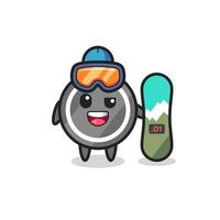 Illustration of hockey puck character with snowboarding style vector