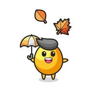 cartoon of the cute golden egg holding an umbrella in autumn vector