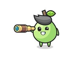 cute guava character is holding an old telescope vector