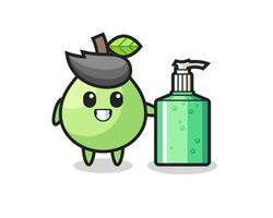 cute guava cartoon with hand sanitizer vector