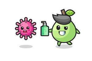 illustration of guava character chasing evil virus with hand sanitizer vector