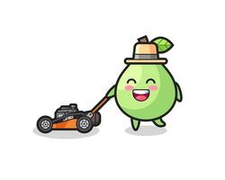 illustration of the guava character using lawn mower vector